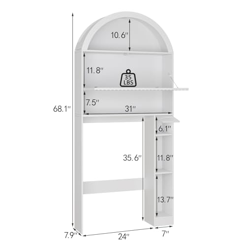 Image of 31 inch W Arched Over The Toilet Storage Cabinet, Fluted Doors, White | Over Toilet Bathroom Organizer with Doors, Bathroom Storage Cabinet with Toilet Paper Holder and Anti-Tipping Device