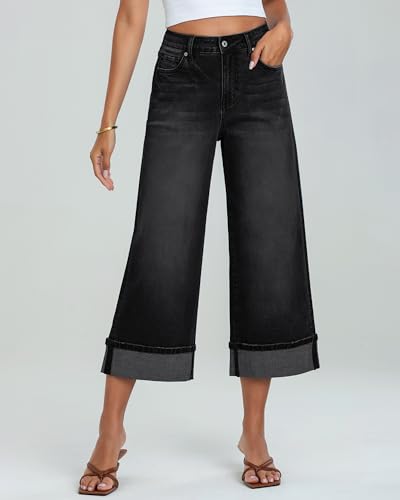GRAPENT-Wide-Leg-Jeans-for-Women-High-Waisted-Stretchy-Denim-Capri-Pants-Fold-Hem-Cropped-Baggy-Capris-Jeans-with-Pocket 31o061m+h L