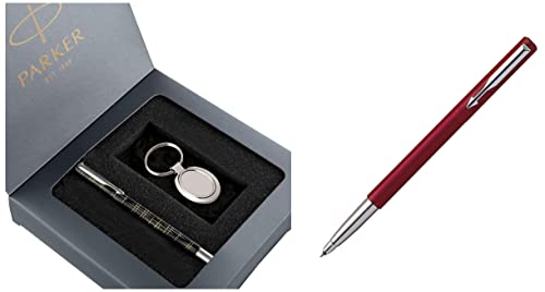 Image of Parker Vector Spark Black Special Edition Roller Ball Pen Gift Set - with Round Key Chain Moments Vector Standard Chrome Trim Roller Ball Pen (Red)