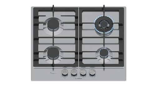 Bosch PCH6A5I90 Serie 6 Gaskochfeld, 60 cm, Dual-Wok Brenner, 9 FlameSelect Stufen, spülmaschinengeeignete Topfträger, abnehmbare Schwertknebel, Thermoelektrische Zündung, Edelstahl Glasoberfläche