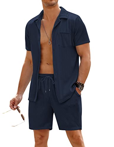 COOFANDY Men's 2 Pieces Shirt Sets Short Sleeve Casual Button Down Hippie T-Shirts Shorts Sets Summer Fashion Beach Outfits