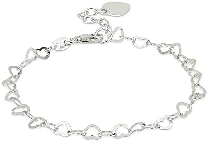 Vanbelle Sterling Silver Jewelry Open Heart Multi-Link Chain Bracelet with Dangling hi-Polished Heart Charm and Rhodium Plated for Women