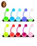 CM Crareesi Mania 10Pieces Belly Button Rings Glow in the Dark Belly Rings 14G Acrylic Flexible Banana Barbells Colorful Navel Piercing Jewellery Navel Bars