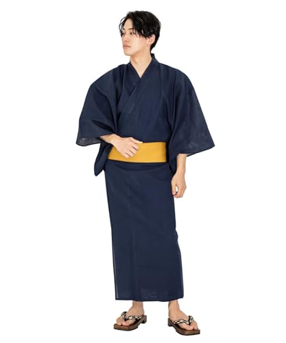 [キョウエツ] 浴衣 メンズ セット ゆかた 男性 黒 紺 おしゃれ 綿 しじら C 4点セット (LL, 8.無地×紺(ワンタッチ金))（Amazon）