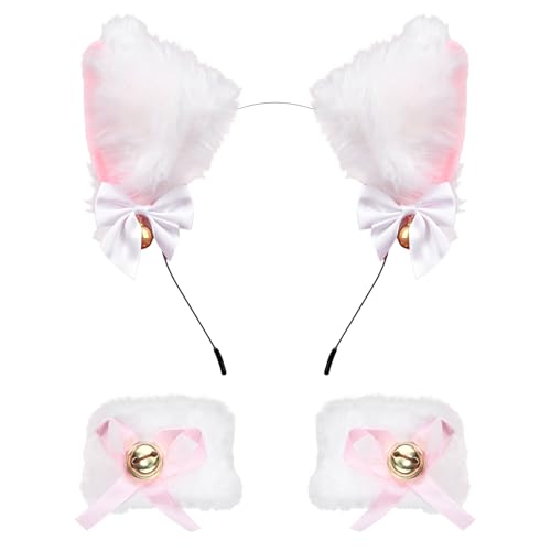 CURASA Cat Ears Headband with Faux Fur Wristband White Animal Ears Headbands Faux Fur Fox Ears Headband for Women Pink Furry Head Bands Wristband with Ribbon Bells Head Band for Theme Party Cosplay