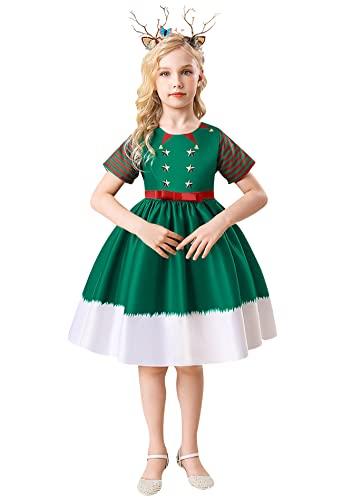 Flitay Girl's Casual Flower Princess Party Xmas Gown Lightweight Short Sleeve Snow Santa Pageant Mini Dress Green Star 8-9 Years #TOP24