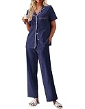Ekouaer Women's 100% Cotton Pajamas Set Short Sleeve Button Down Pjs 2 Piece Soft Sleepwear with Long Pants Lounge Set Navy Blue Medium
