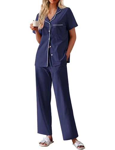 Ekouaer Women's 100% Cotton Pajamas Set Short Sleeve Button Down Pjs 2 Piece Soft Sleepwear with Long Pants Lounge Set