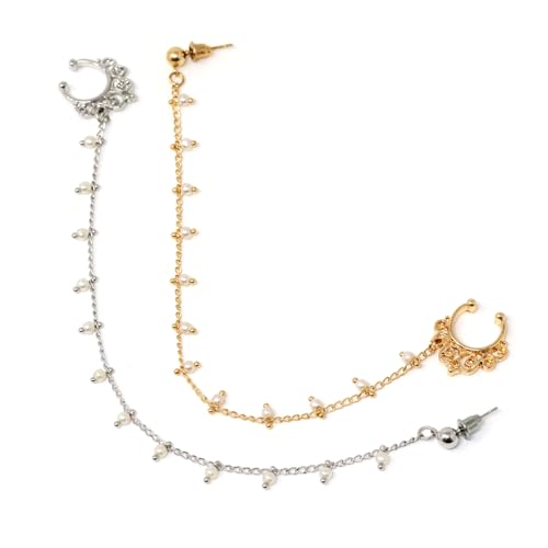 Honbay 2PCS Fashion Nose Ring with Chain Nose to Ear Chain with Pearl Tassel Fake Septum Ring Non-Piercing Nose Ring Indian Belly Dance Party Nose Accessories Body Jewelry for Women