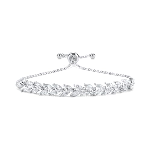 Crystal Leaf Bracelet for Women Adjustable Cubic Zirconia Tennis Chain 18K Gold Plated Bridal Wedding Jewelry