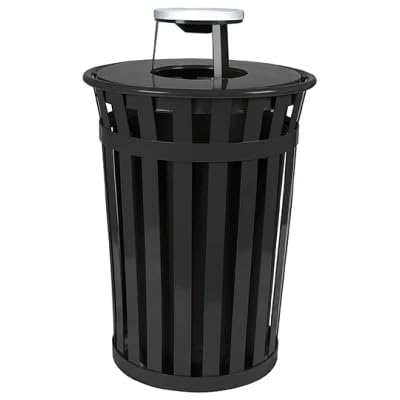 Oakmont Round 36 Gallon Commercial Trash Can | Steel Outdoor Industrial Trash Can with Swing Top | Great for Outdoor Public Spaces - Black
