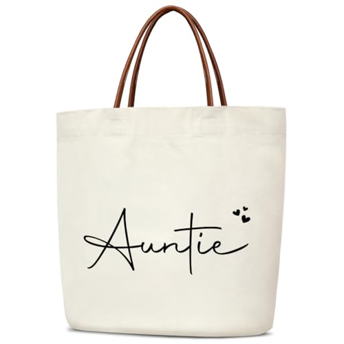 mermermu Auntie Canvas Tote Bag for Women, Christmas Birthday Gift for Aunt, Aesthetic Reusable Grocery Shopping Bags With Leather Handles Foldable Shoulder Bag Beach Tote -08