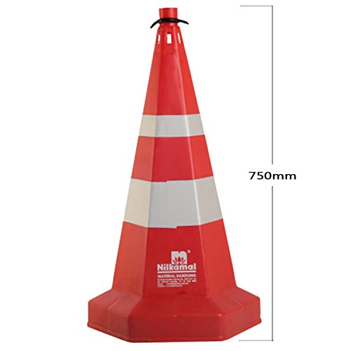 Image of LADWA Nilkamal Road Traffic Safety Cone, Pack of 4 Cones 750mm, with 4 mtr Chain + 4 Hooks, (Safety Cone, Traffic Safety Cone, Road Safety Cone with Reflective Strips Collar).