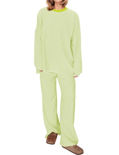 Image of MISSACTIVER Women's 2 Piece Striped Lounge Set Long Sleeve Oversized T-Shirt Wide Leg Pants Matching Pajamas Set