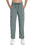 Yoglegins Women's Lightweight Hiking Joggers with Pockets - Water Resistant Cargo Pants for Outdoor Workouts Camping (Grey Green Straight, X-Large)