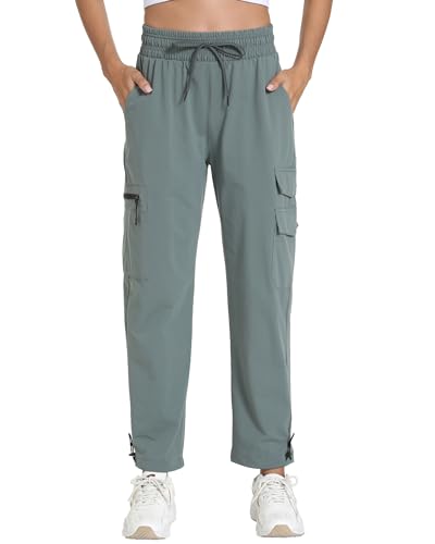 Yoglegins Women's Lightweight Hiking Joggers with Pockets - Water Resistant Cargo Pants for Outdoor Workouts Camping (Grey Green Straight, Medium)