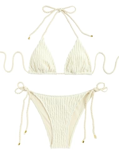 Image of ZAFUL 2 Piece Triangle Bikini for Women Knitted Rope Halter Bikini Sets Sexy Bathing Suit Side Tie Swimsuits Beachwear