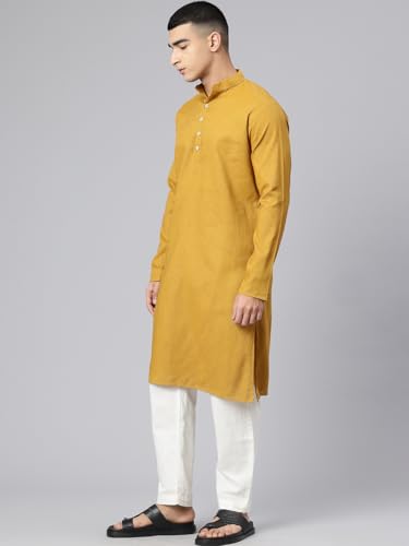 Image of Majestic Man Men's Cotton Regular Fit Casual Mandarin Collar Ethnic Motifs Solid Long Kurta