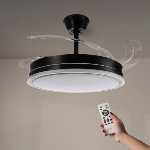 Casa Shop Ventilador techo con luz 66W Ventilador Invisible Ultra Silencioso con Mando a Distancia y Palas Retráctiles Interiores Plafón lluminación función verano-invierno (Negro)