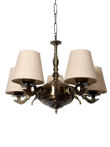 Image of Devansh 05 Lights White Jute conical Shade with Antique Golden Chandelier