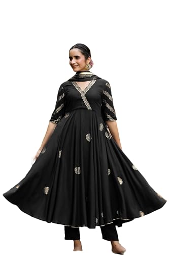 Image of GoSriKi Women's Cotton Blend Printed Anarkali Kurta with Pant & Dupatta | Ethnic Wear for Women | Indian Casual Office Daily Summer Outfit