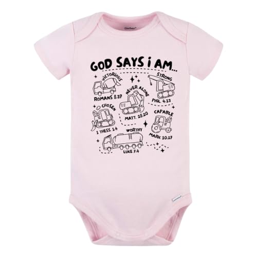 Image of MangoHouse Cute Baby Bodysuit God Says I Am Baby Construction Shirt Premium Custom Baby Clothes Unisex Baby Announcement Gift for Mom Newborn Outfit (Short Sleeve Pink 0-3m)