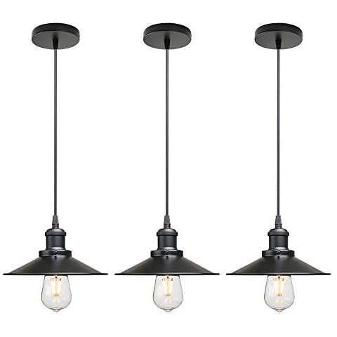 CeilSong Vintage Industrial Style Ceiling Pendant Lights,Set of 3 Black Metal Pendant Lights,Hanging Light Fixture for Kitchen Island,Farmhouse,Living Room,Bedroom(Black) Cover