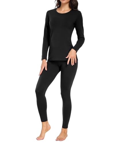 wirarpa Women's Cotton Thermal Underwear Set Long Johns Base Layer Pajama Set for Women Black Top Bottom,Size M
