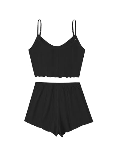 Image of Hilinker Women's 2 Piece Sexy Pajama Set Ribbed Cami Top and Shorts Sleepwear Cute Pjs Solid Black Medium