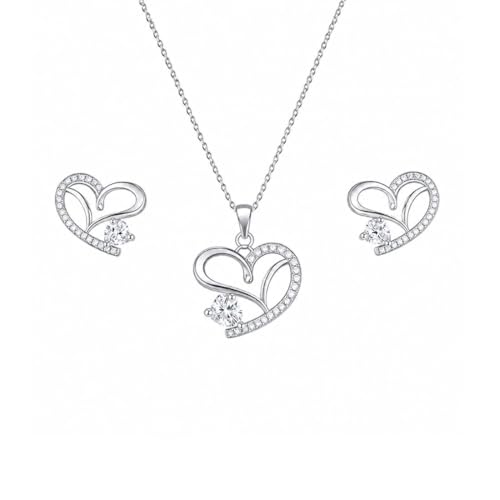 Image of Nilu's Collection American Diamond Rose Gold & Silver Plated Love Shaped Pendant Necklace Set with Chain & Stud Earring for Girls and Women