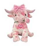 JoyJive Valentine Day Highland Cows with Rose Stuffed Animals, Cute Fluffy Cow Plush Figure Toys Highland Cattle Plush Valentine Day Gift for Kids Baby Girls Boys (Pink&White, 13.7 inch)