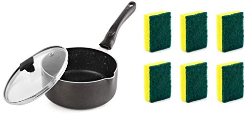 Cello Induction Base Aluminium Non Stick Sauce/Milk Pan, Cherry, 1.3Ltrs & Kleeno Sponge Scrub Pad (Green and Yellow, Pack of 6) Combo