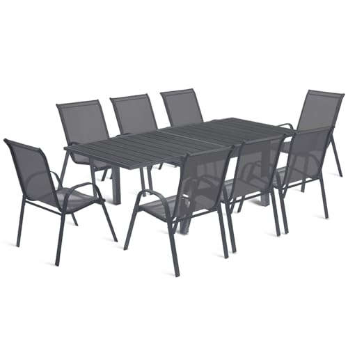 IDMarket - Salon de Jardin Poly Table Extensible 90-180 CM et 8 chaises Gris foncé
