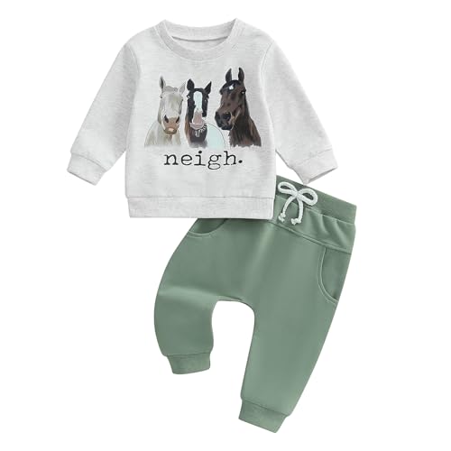 Ursobutegl Toddler Baby Boys Outfits Western Country Farm Long Sleeve Sweatshirt Pullover Tops Jogger Pants Set Fall Clothes (Light Green, 18-24 Months)