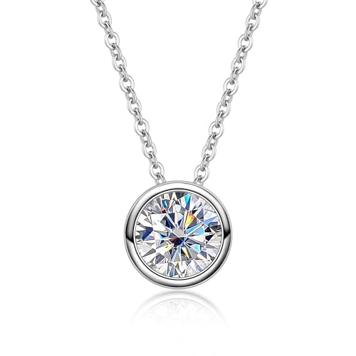Moissanite 0.5-3ct Necklaces 18K White Gold Plated 925 Sterling Silver Bezel Set Round Cut D Color VVS1 Lab Created Diamond Solitaire Pendant Necklace for Women Men GRA Certified
