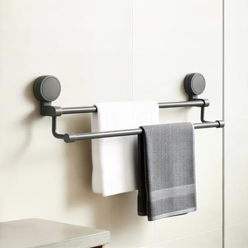 Image of MIORAH Suction Towel Holder for Bathroom - Rust - Free Powder Coated Wall Mounted Towel Rack No Drill Towel Rack Modern Bathroom Accessories Organizer Grey