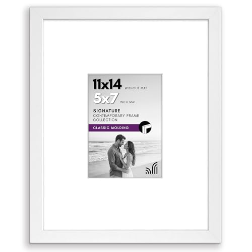 Americanflat 11x14 Picture Frame with Shatter-Resistant Glass - Use as 5x7 Frame with Mat or Display 11x14 Photo Without Mat - Signature Collection - Picture Frames for Wall Display - White