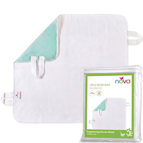 NOVA Waterproof Reusable Underpad with 4 Positioning Strap Handles, 100% Cotton Skin Soft Top Layer, Washable Incontinence Bed & Surface Overlay, Super Absorbent, 32” x 36”