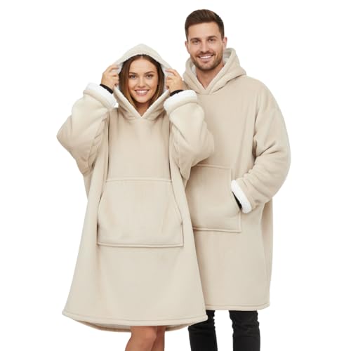 PZL CONCEPT Plaid Pull Sweat à Manche Extra Large, Capuche et Poche – Taille Unique 118 x 85 cm -Homme et Femme – Intérieur Blanc Sherpa (Lin)