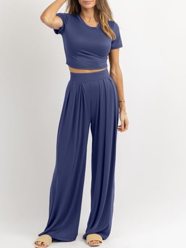 Image of PEIARA Womens 2 Piece Lounge Sets Summer Short Sleeve Crop Top Two Piece Outfit Wide Leg Palazzo Pants Set Matching Tracksuit
