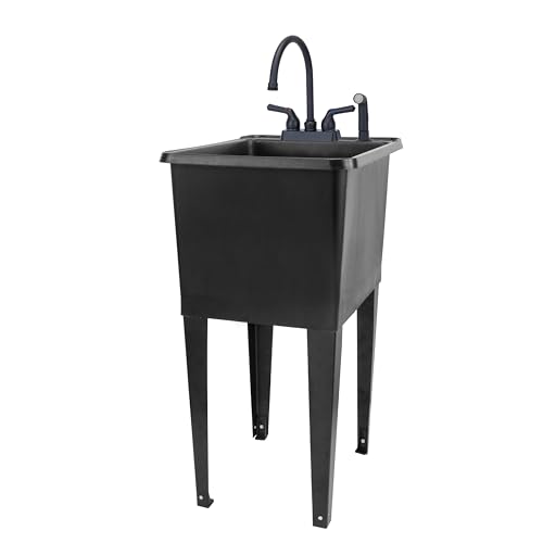 Image of Black Space Saver Utility Sink by JS Jackson Supplies, Freestanding Tehila Space Saving Laundry Tub, Black Gooseneck Faucet with Side Sprayer