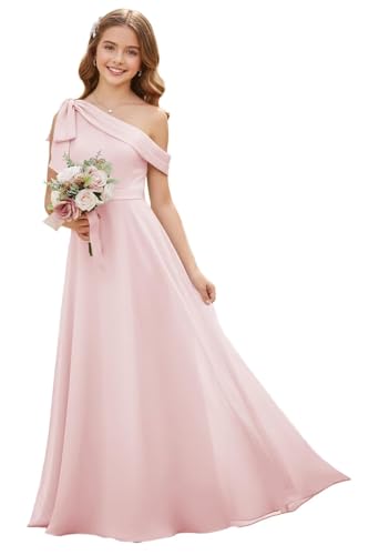 Uihtuda Chiffon Junior Bridesmaid Dress Flower Girl Dress One Shoulder Formal Dresses Wedding Prom Pageant Blush Pink US16