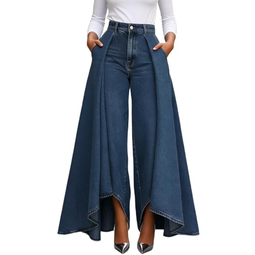 Pantalones casuales holgados de mujer con corte recto asimétrico y acabados denim premium