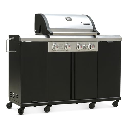 Brand-Man 4-Burner Gas Outdoor Kitchen Grill Island with Side Burner - 44,000 BTU Stainless Steel BBQ Grill Station with Storage Cabinets, Fold-out Prep Table, LPG/NG Convertible, Black
