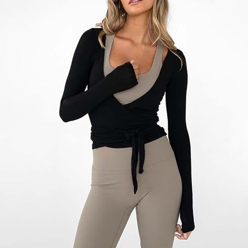 Ballet Wrap Top for Women Pilates Yoga Workout Slim Fit Front Cross Tie Shirts Long Sleeve Shrug Cover Up Dance Top2
