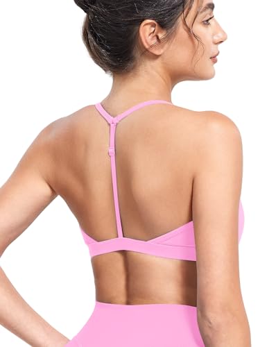 Image of YEOREO CoreFlex Sports Bras for Women Strappy Padded Halter Open Back Light Impact Deep V Neck Yoga Workout Gym Tops