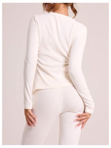 Image of BEAUDRM Women's Button Front Long Sleeve T Shirt Crew Neck Ribbed Knit Cardigan Open Front Slim Fitted Casual Tops White Medium