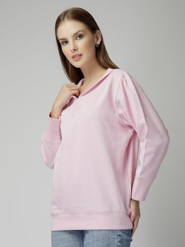 Image of Women's Boyfriend /Loose Fit Full Sleeve Drop Shoulder Loopknit V-Neck Neck Sweatshirt Oversized Cotton Winter T-Shirt for Women Korean Style Casual | Trendy Baggy Fit for Girls
