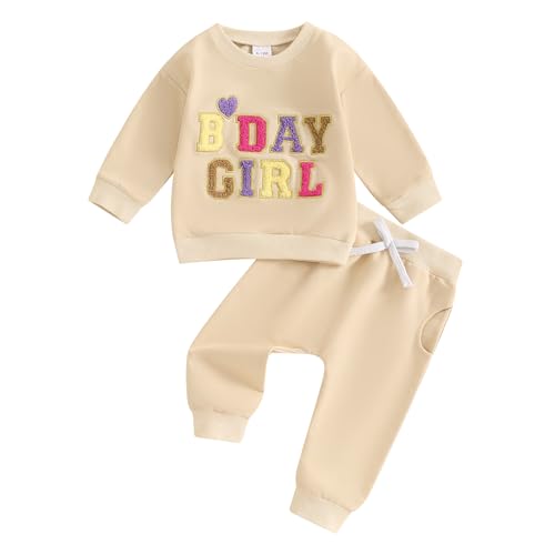 Toddler Baby Girl 2Pcs Birthday Outfits Clothes Long Sleeve Pullover Sweatshirts Jumper Top Hoodies Letter Embroidery Elastic Waist Pants Trousers Outfits Tracksuit Set (Apricot, 6-12 Months)