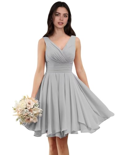 Short Bridesmaid Dresses for Women 2025 Chiffon V Neck Wedding Bridesmaid Dress A Line Formal Party Gowns with Pockets